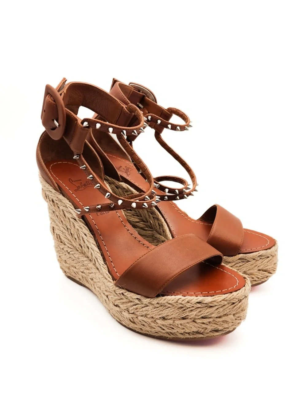 Christian Louboutin Spike Brown Leather Buckle Espadrille Platform Sandals EU 36 - Picture 2 of 8